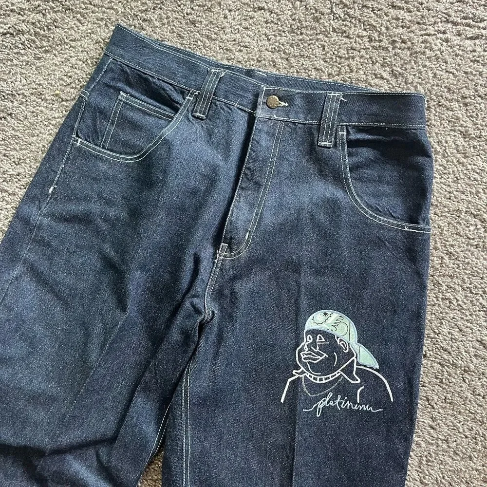 Vintage Y2K FUBU Platinum Denim Embroidered Jeans Baggy Wide Leg Sz 34